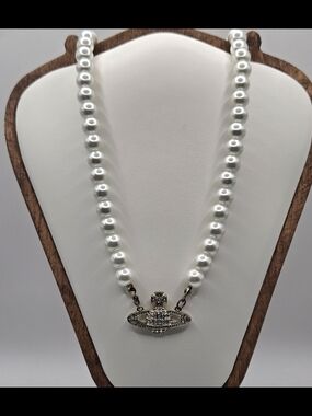 Pearl Bead Necklace with Crystal Orb Pendant - White